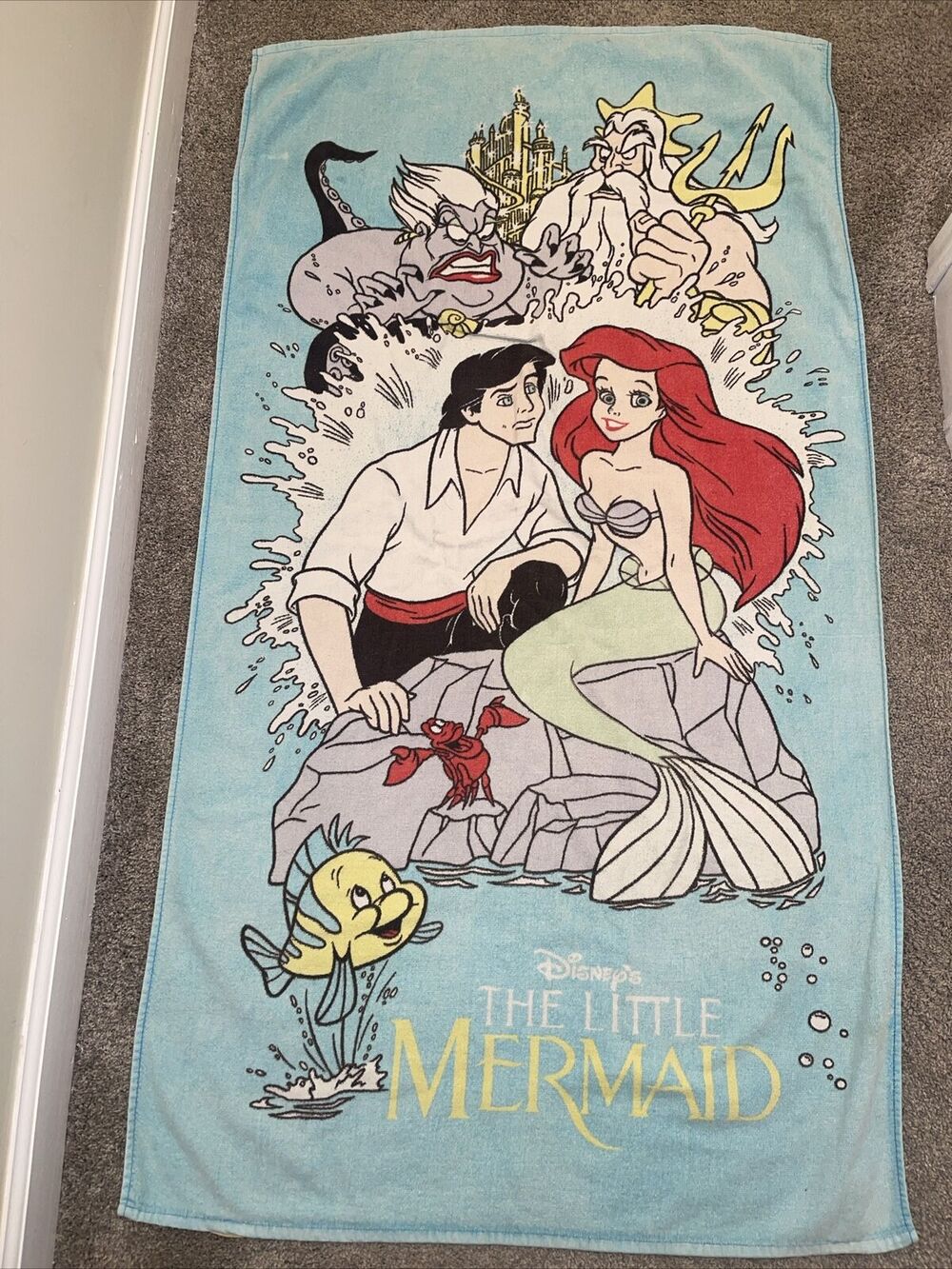 Little Mermaid Vintage 1990's Franco Disney Beach Towel 30x58 RARE Ariel Triton